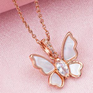 Rose Gold Butterfly Necklace with pink Mother of Pearl, Charmed Aroma
